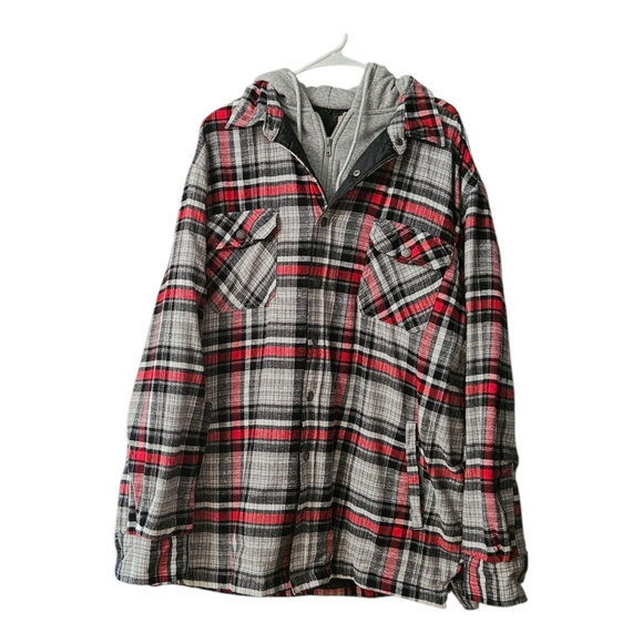 RedHead Men's Flannel Shirt Jacket Shacket 2XLT Hooded Plaid Red Black - Picture 1 of 14